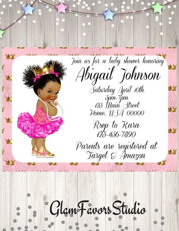 Printable Or Printed Baby Shower Invitation African American Caucasian Princess Pink And Gold Theme