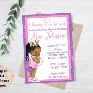 Custom Baby Shower Invitation Pink and Purple Princess Baby Shower Invitation African American Baby Shower Invitation Personalized Invite