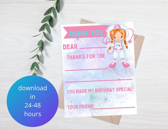 Printable Kids Birthday Thank You Card Digital Space Thank You - Etsy