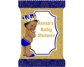 Custom Printable Baby Shower Chip Bag African American Prince Caucasian Print Blue & Gold