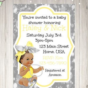 Printed or Printable Baby Shower Invitation African American Causian Baby Yellow and Silver Theme Custom Baby Shower Invitation
