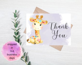 Thank you Card Rainbow Giraffe Baby Shower Thank you Card Custom Printed Baby Shower Thank you Card