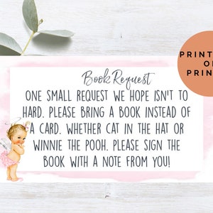 Printable Printed Pink Angel Baby Book Request Card Custom Baby Shower Book Request
