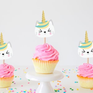 Unicorn Birthday Cupcake Toppers Cat Birthday Cupcake toppers Caticorn Cupcake toppers