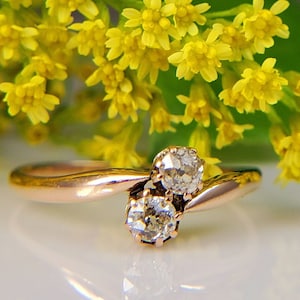 Moi et Toi Victorian/Art Nouveau 14K Yellow Gold, 2 Old Mine Cut Diamonds - Engagement, Wedding /stacking ring  c. early 1900&#39;s LV102