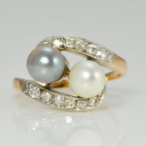 Vintage Silver and White Pearls Diamonds on 14K Yellow Gold Band Wedding, Anniversary, Cocktail Ring or Stacking Band LB337 image 3