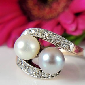 Vintage Silver and White Pearls Diamonds on 14K Yellow Gold Band Wedding, Anniversary, Cocktail Ring or Stacking Band LB337 image 1