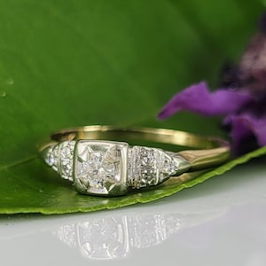 1930s Art Deco Engagement Ring, Illusion Setting, .13 ct center diamond/6 accents; 14K Yellow/White Gold/ Size 6.5  FJ403