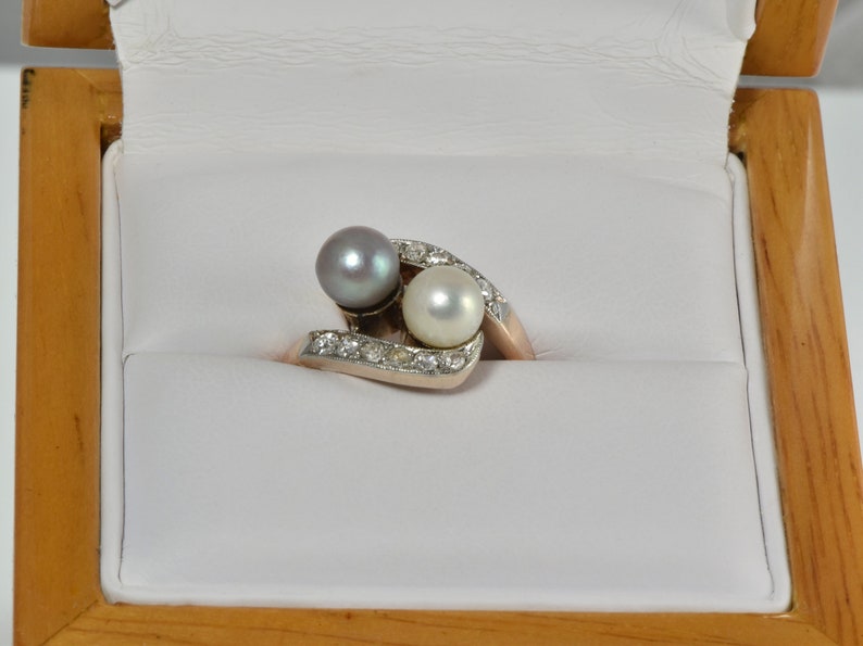 Vintage Silver and White Pearls Diamonds on 14K Yellow Gold Band Wedding, Anniversary, Cocktail Ring or Stacking Band LB337 image 5