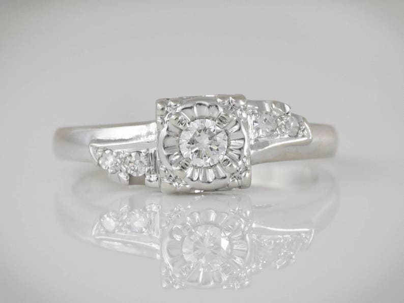Promise or Stacking Ring Size 5.5 LB317 Wedding .15 ctw total; 14K White Gold Art Deco Engagemant Ring; 1930-40/'s .11 ctw Center Diamond