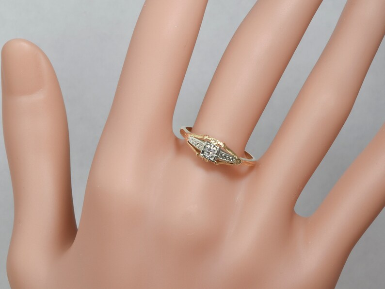 1940s Art Deco Engagement Ring; .05 ctw Solitaire; YellowWhite Gold Box Setting 1930s Anniversary Stacking Size 8 LB367 Wedding