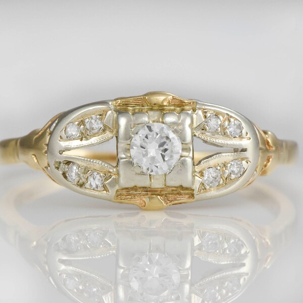 Art Deco Engagement Ring with Diamonds; Yellow Gold Band, White Gold Setting;  Heirloom or Keepsake, c. 1930s; 14K ring, 18k Setting LB321