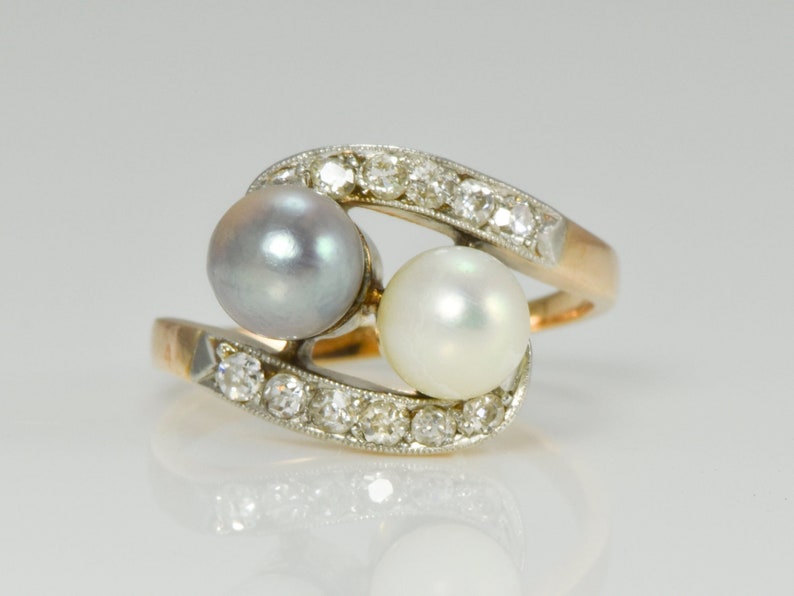 Vintage Silver and White Pearls Diamonds on 14K Yellow Gold Band Wedding, Anniversary, Cocktail Ring or Stacking Band LB337 image 3