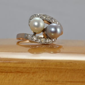 Vintage Silver and White Pearls Diamonds on 14K Yellow Gold Band Wedding, Anniversary, Cocktail Ring or Stacking Band LB337 image 6