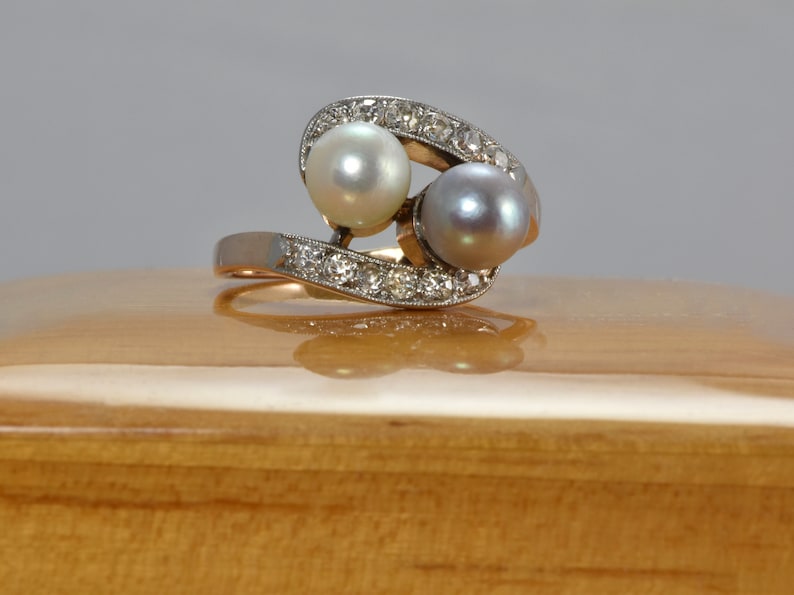 Vintage Silver and White Pearls Diamonds on 14K Yellow Gold Band Wedding, Anniversary, Cocktail Ring or Stacking Band LB337 image 6