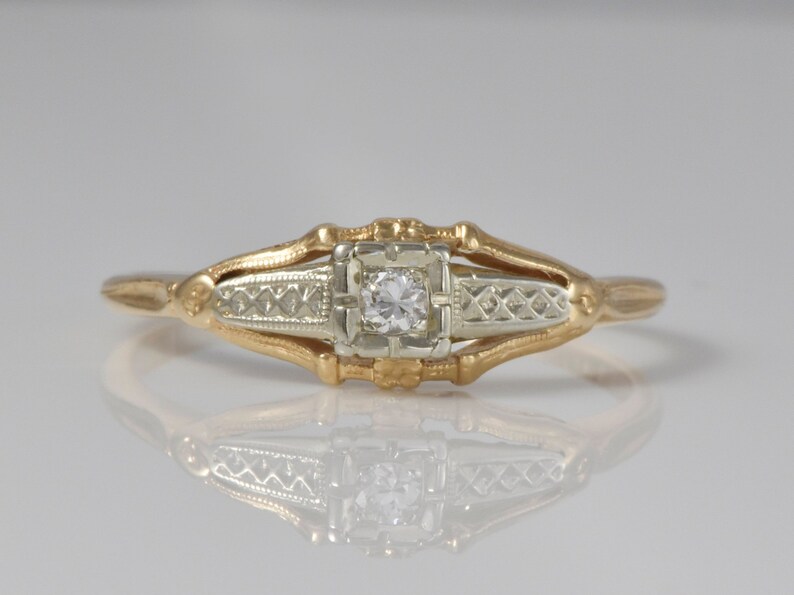 1940s Art Deco Engagement Ring; .05 ctw Solitaire; YellowWhite Gold Box Setting 1930s Anniversary Stacking Size 8 LB367 Wedding