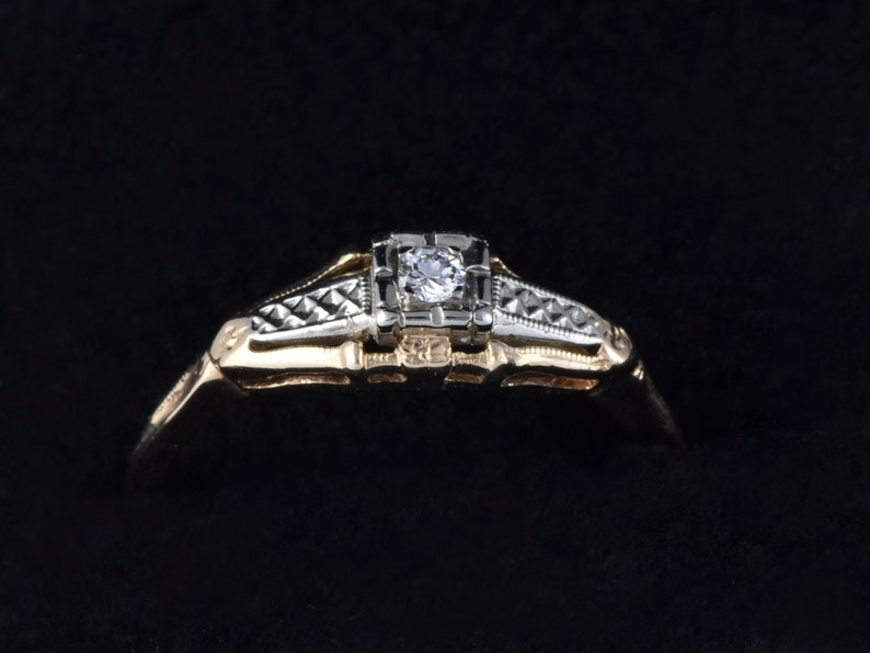 1940s Art Deco Engagement Ring; .05 ctw Solitaire; YellowWhite Gold Box Setting 1930s Anniversary Stacking Size 8 LB367 Wedding
