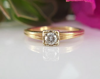 1940s - 50s  Estate 14K Yellow Gold Band, .12 ct  Diamond Solitaire/ Illusion setting in white gold/  Engagement Ring or Stacking Band MS149