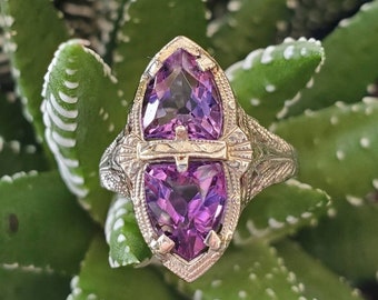 Antique Edwardian Filigreed White Gold and Amethyst Cocktail, Pinky, Wedding, Promise, or Stacking Ring LV201