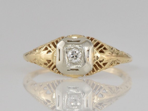 Vintage Edwardian Style Engagement Ring: 14k; .04 ct. diamond; c. 1940s Victorian Revival Design with Open Filigree LB299