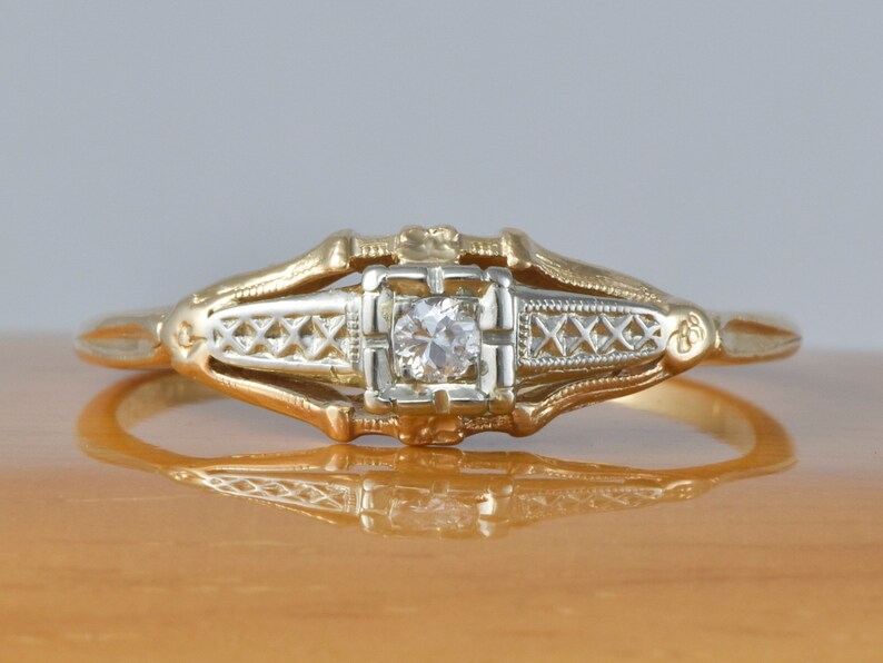 1940s Art Deco Engagement Ring; .05 ctw Solitaire; YellowWhite Gold Box Setting 1930s Anniversary Stacking Size 8 LB367 Wedding