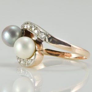 Vintage Silver and White Pearls Diamonds on 14K Yellow Gold Band Wedding, Anniversary, Cocktail Ring or Stacking Band LB337 image 2