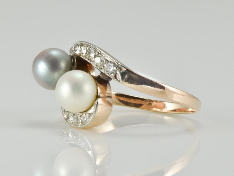 Vintage Silver and White Pearls Diamonds on 14K Yellow Gold Band Wedding, Anniversary, Cocktail Ring or Stacking Band LB337 image 2