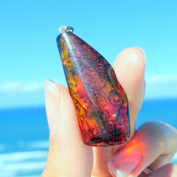 Cognac Baltic Amber Pendant, Big Natural Amber Pendant, Original And Unique Amber Stone, Baltic Amber Jewelry, leaf print fossil inclusion