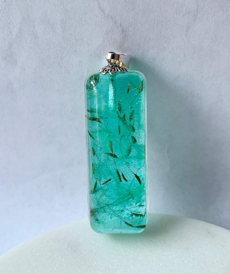 Aqua dandelion seed resin necklace pendant image 1