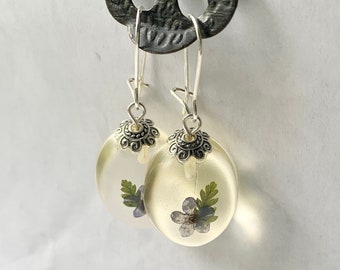 Small Forget Me Not and Fern Resin Dangle Earrings