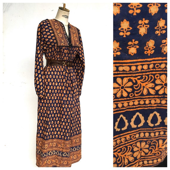 1970 s Indian Block Print Hand Print Boho Batik Dr