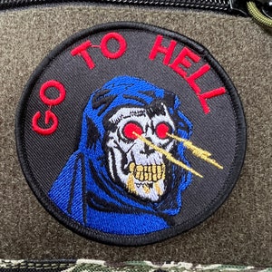 Hooded Skull Punk Morale Patch "Go To Hell"  Vintage Style