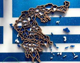 Greek flag and landscape.  Superb, laser cut wall decoration in MDF and coloured acrylic.
