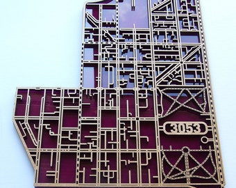 Carlton 3053, Victoria. Laser cut, street map, wall decoration.
