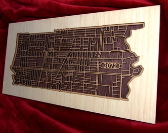 25% OFF !! Preston 3072, Victoria. Laser cut, street map, wall decoration in MDF & bamboo.