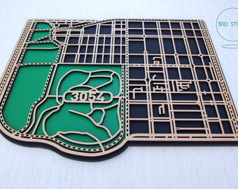 Nth Carlton/Princess Hill 3054, Victoria. Laser cut, street map, wall decoration in MDF & coloured acrylics.