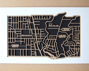 North Coburg 3058, Victoria. Laser cut, street map, wall decoration.