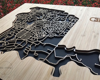 Eltham 3095, Victoria. Laser cut, street map, wall decoration in bamboo ply.