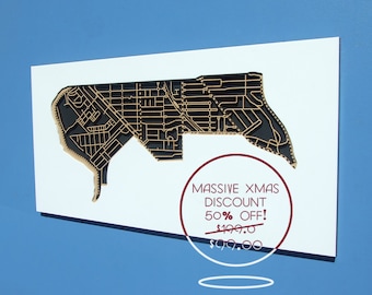 Heavy Christmas discount. 50% OFF this handsome, laser cut map of Ascot Vale 3032, Victoria.