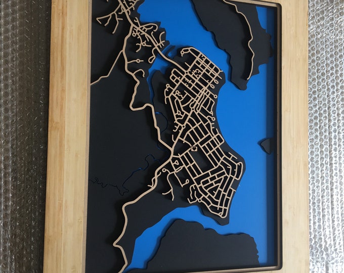 Featured listing image: Lovely map of Whangamata, New Zealand. Laser cut wall decoration.