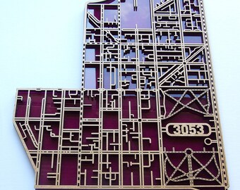 Carlton 3053, Victoria. Laser cut, street map, wall decoration.