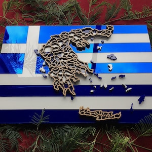 Greek flag and landscape.  Superb, laser cut wall decoration in MDF and coloured acrylic.