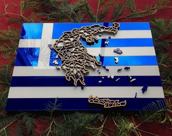 Greek flag and landscape.  Superb, laser cut wall decoration in MDF and coloured acrylic.