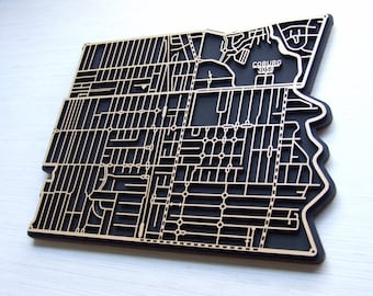 Coburg 3058, Victoria. Laser cut, street map, wall decoration in MDF & coloured acrylics.