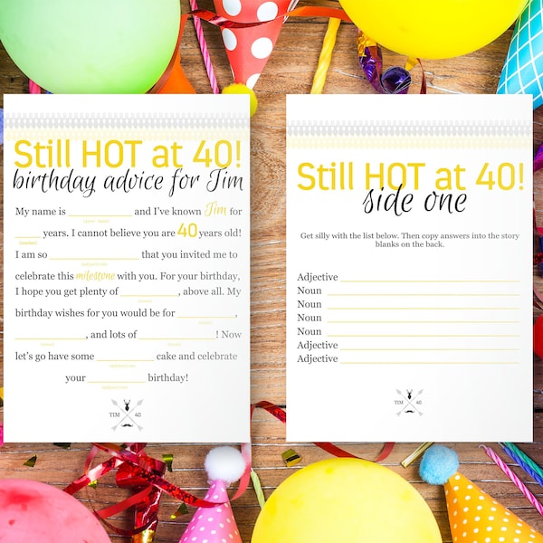 Printable birthday mad lib, yellow gold and black mad lib, birthday activity for guests, for men, birthday party ideas, still hot at 40th