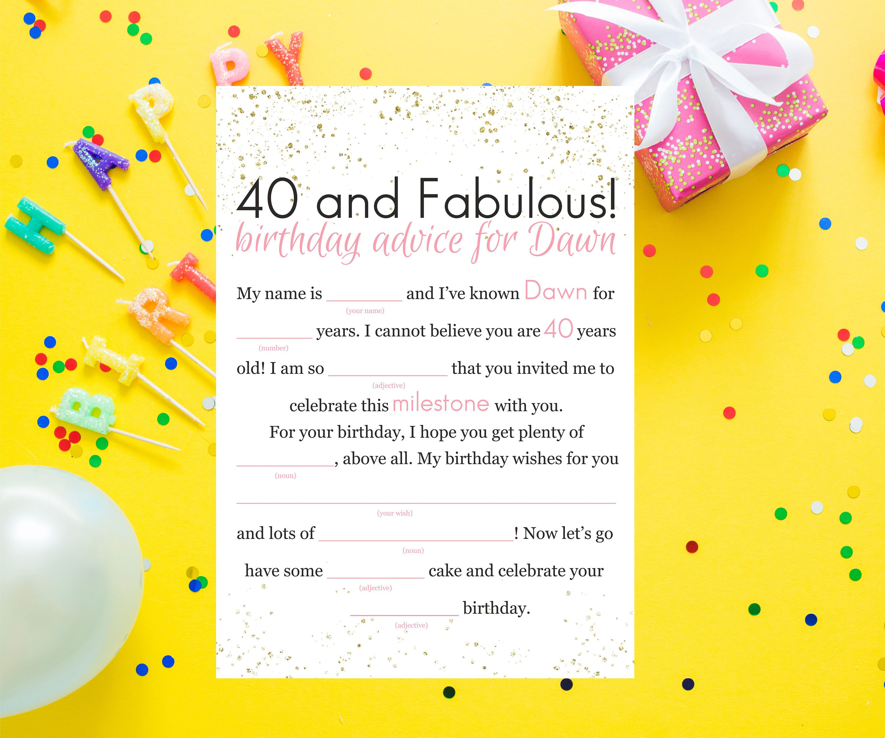 Printable Birthday Mad Lib, Sparkling Gold and Pink Mad Lib, Birthday ...