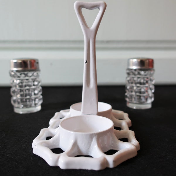 Cruet Set White Cast Iron stand  with Glass Salt and Pepper Shakers – French Décor French Vintage – Salière Poivrière