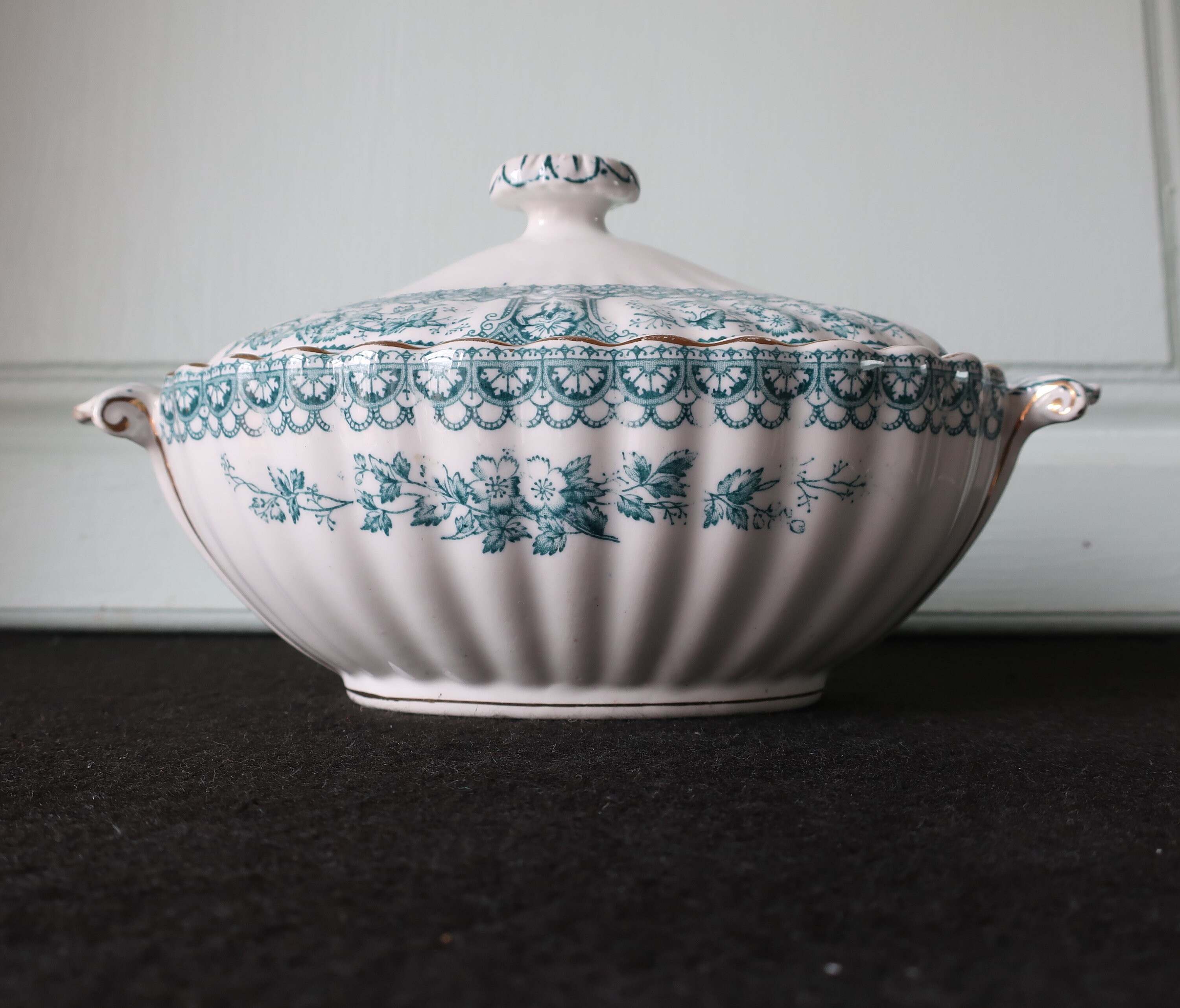 Saucier avec Couvercle Bleu/Vert Faience Anglaise