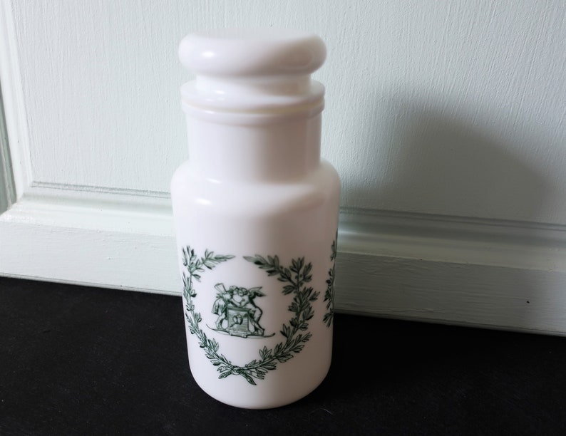 Apothecary Storage Jar, White Opaque Glass and Green Transfer Designs
