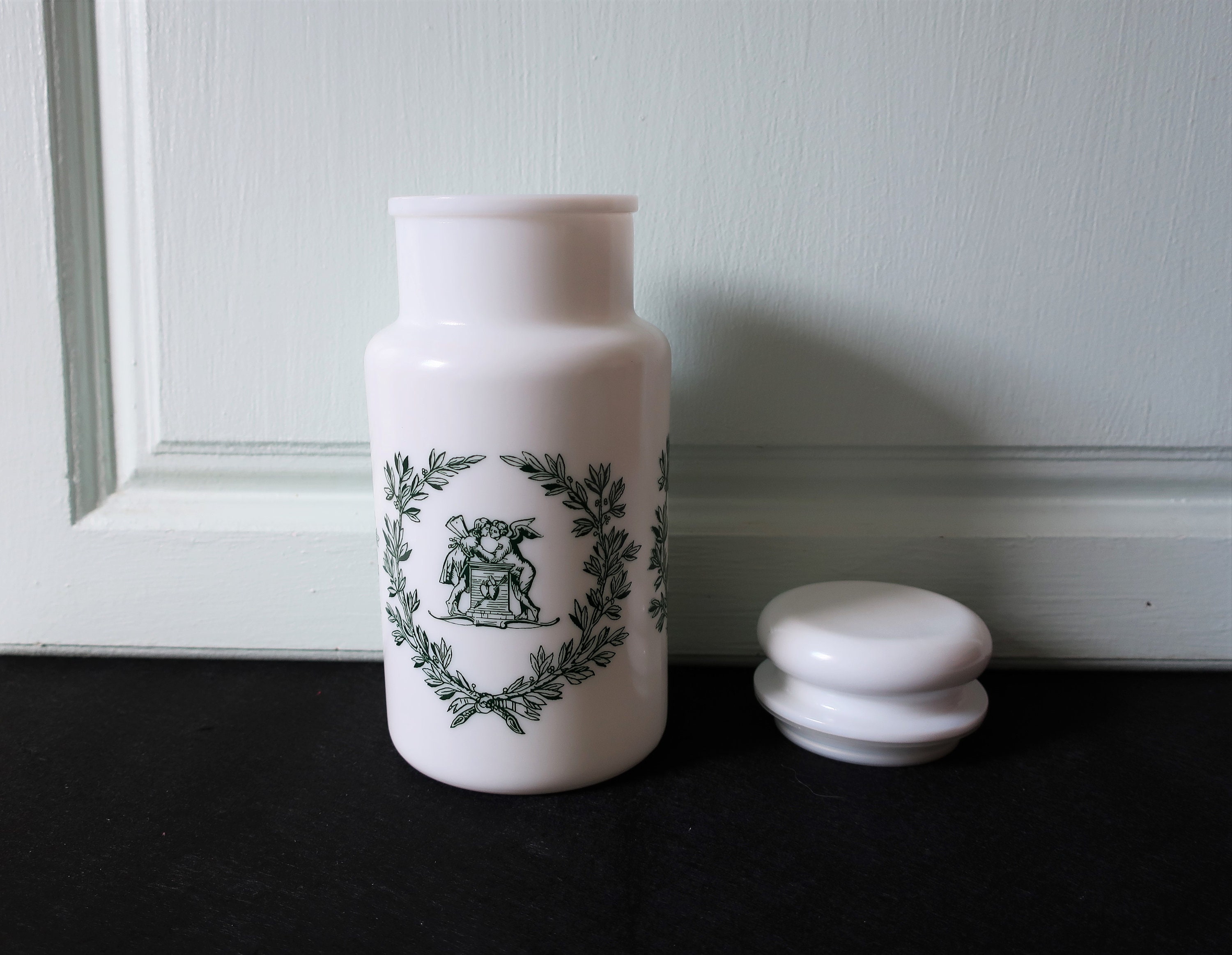 Apothecary Storage Jar White Opaque Glass and Green Transfer Etsy